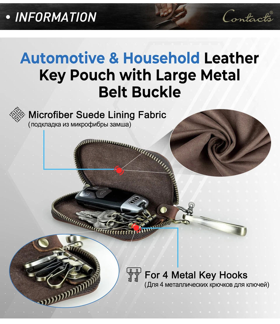 Leder-Schlüssel-Etui mit großem Metallhaken und Reißverschluss, braun