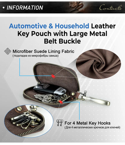 Leder-Schlüssel-Etui mit großem Metallhaken und Reißverschluss, braun