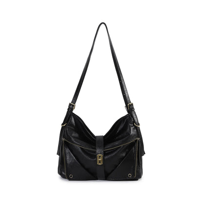 Damen-Schultertasche aus Vintage Öl-Wachs-Leder mit großem Stauraum und Mehrfach-Reißverschlussfächern