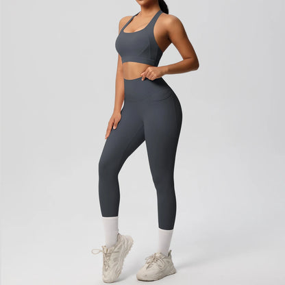 Yoga-Set: anthrazitfarbenes Sport-Top mit Mittelnaht und Leggings mit Knöchelbund