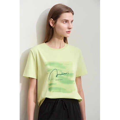 Damen T-Shirts im lässigen Minimalismus-Stil mit O-Ausschnitt und Stickerei