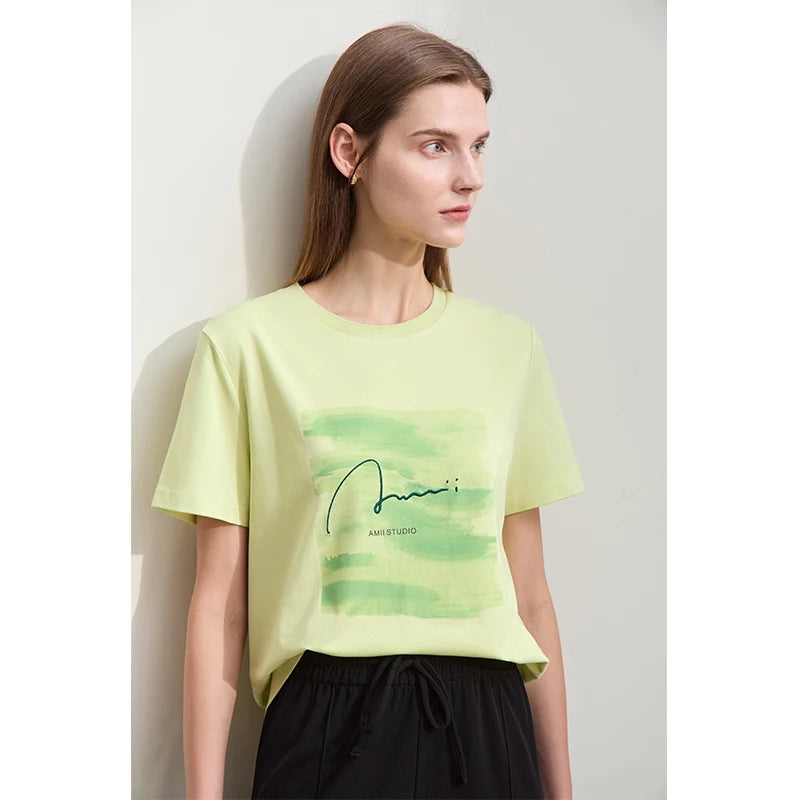 Damen T-Shirt im Minimalismus-Stil mit O-Ausschnitt und Stickerei
