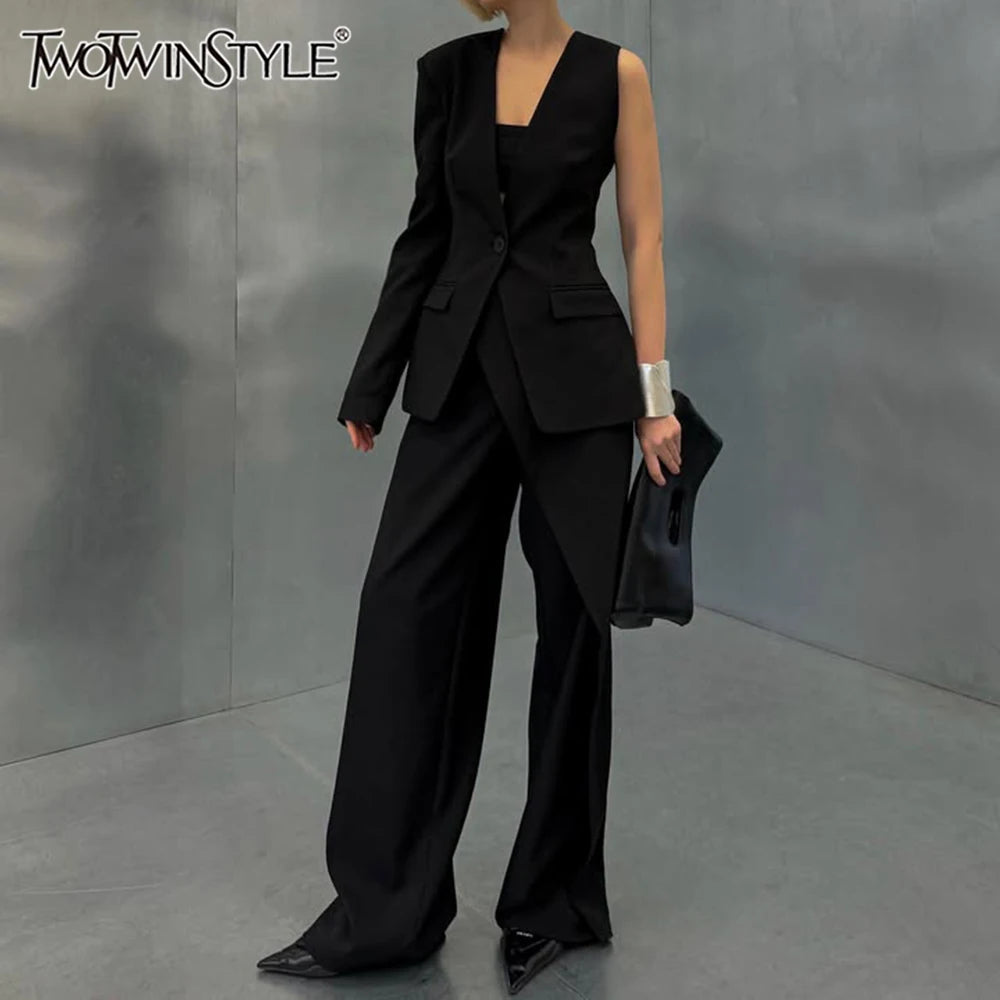 Zweiteiliges Damen-Set mit Reverskragen, langärmligem Patchwork-Blazer und hoch taillierter Hose – lässig und stilvoll
