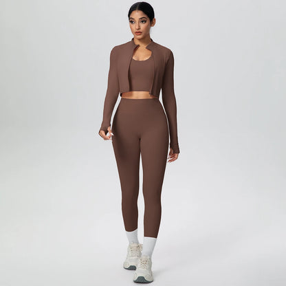 Yoga-Set braun: Zip-Jacke langarm, kurzer Sport-BH und High-Waist-Leggings