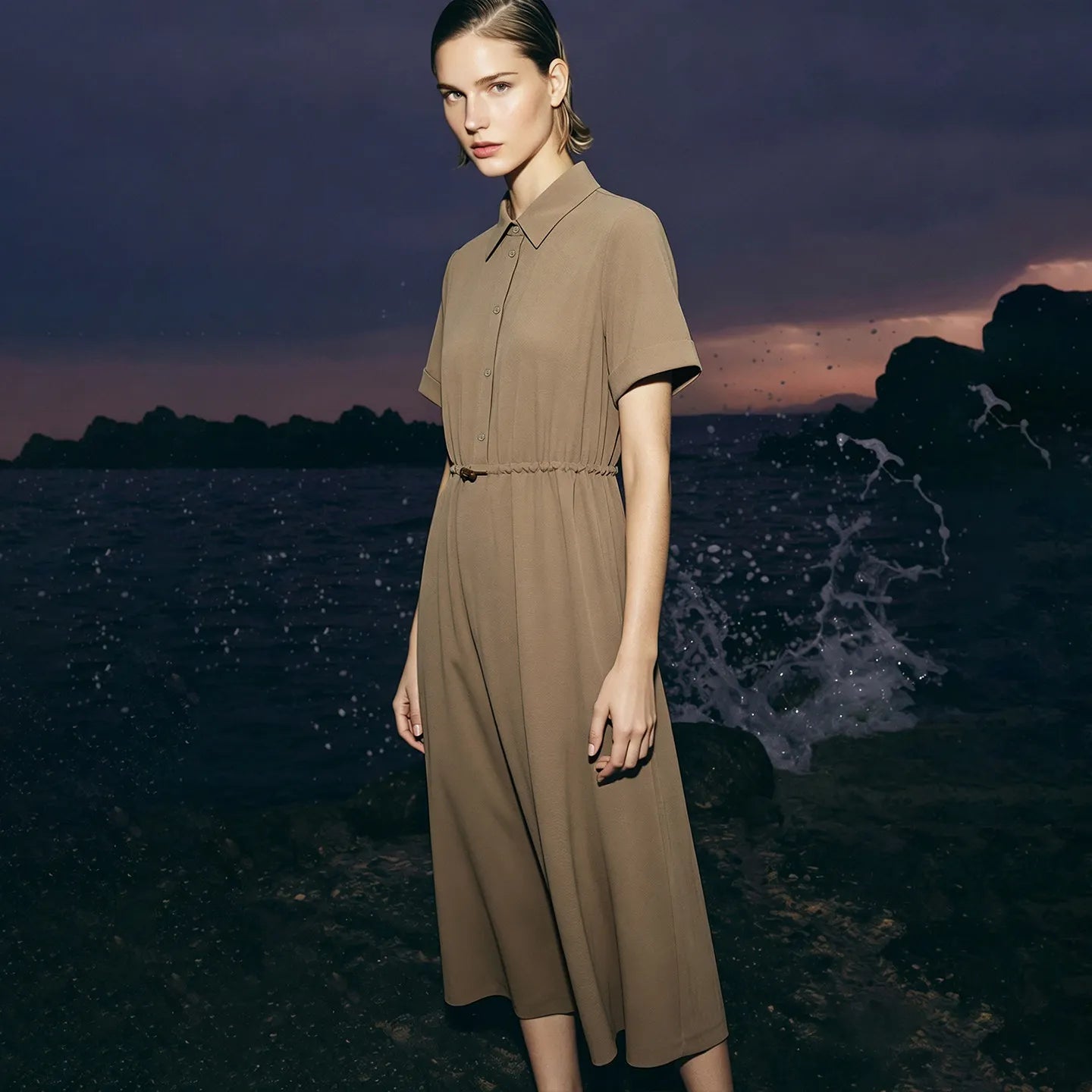 Elegantes Damenkleid Mit Reverskragen Und Kordelzug Für Ihr Büro