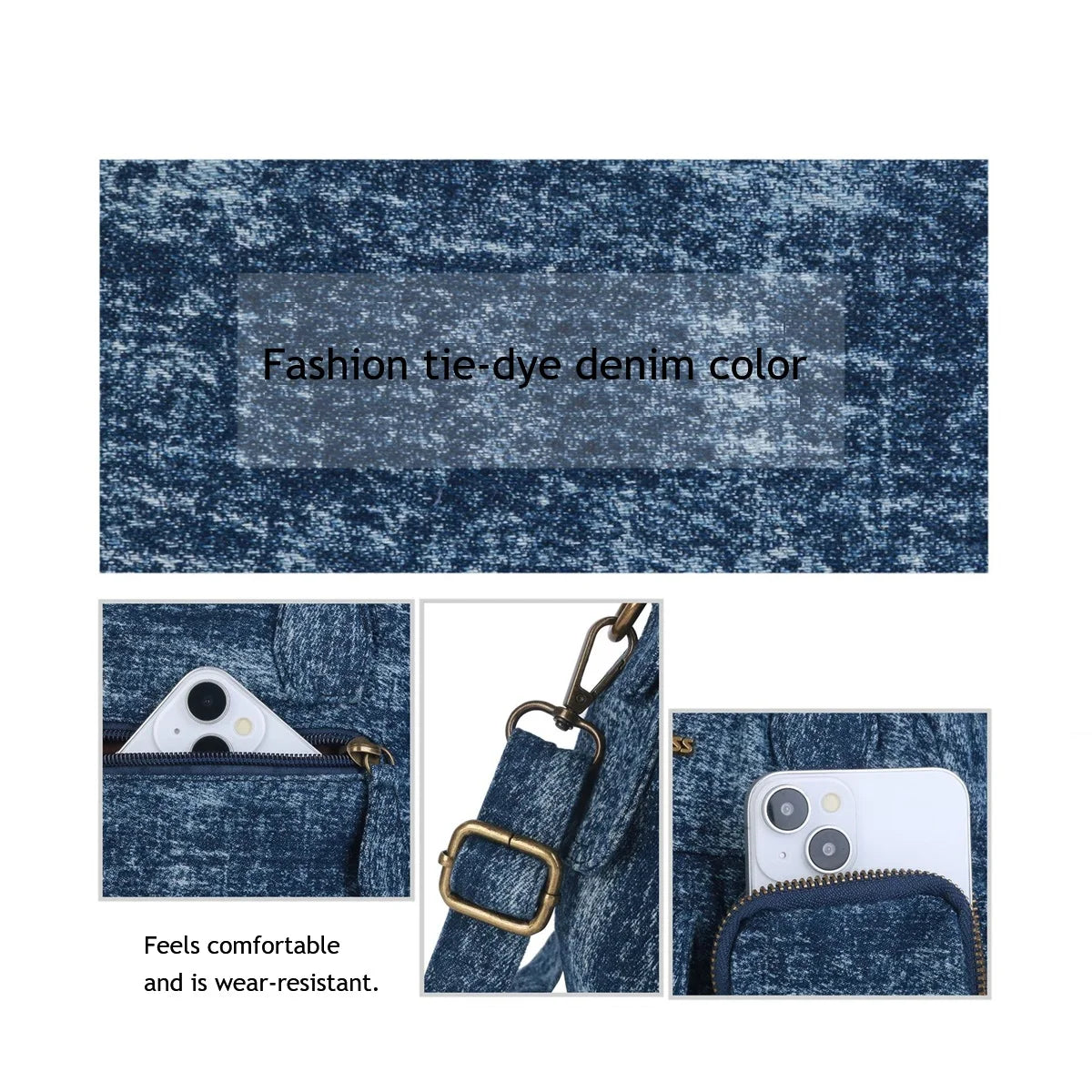 Damen-Umhängetasche Denim mit Mehrfachfächern Handyfach für Alltag Freizeit Denim-Look