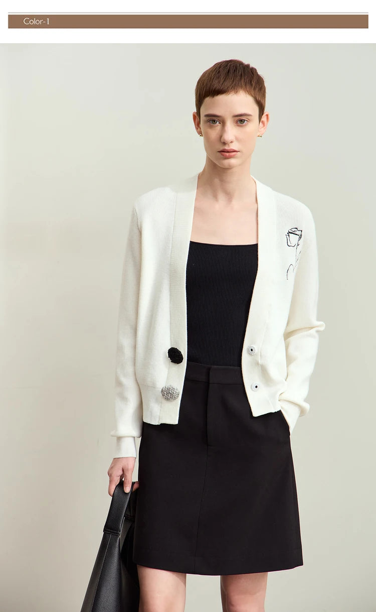 Damen-Strickjacke V-Ausschnitt Stickerei locker Langarm Herbst