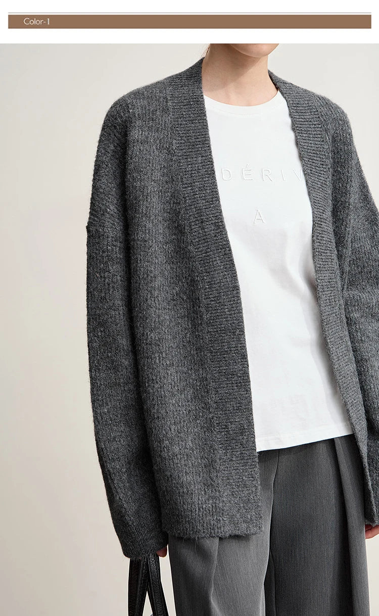 Damen V-Ausschnitt Cardigan lang Wolle-Mix offen Winter