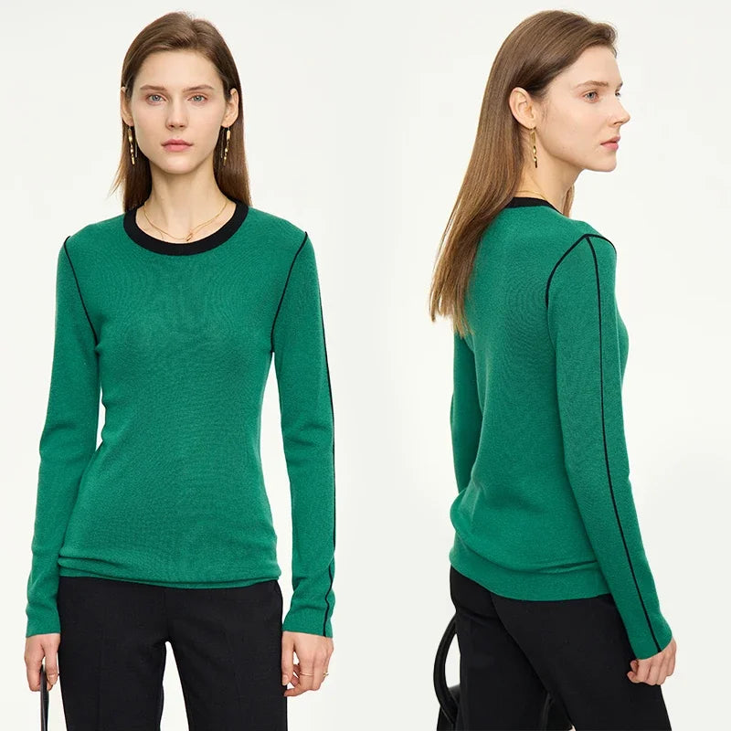 Damen-Rundhalspullover Patchwork Slim Wolle-Mix Herbst-Winter