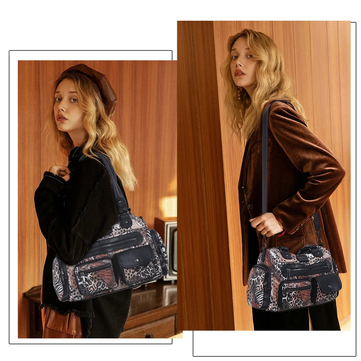 Damen-Satchel-Tasche Vintage-Schwarz Großes Fassungsvermögen Mit Abnehmbarem Tragegurt