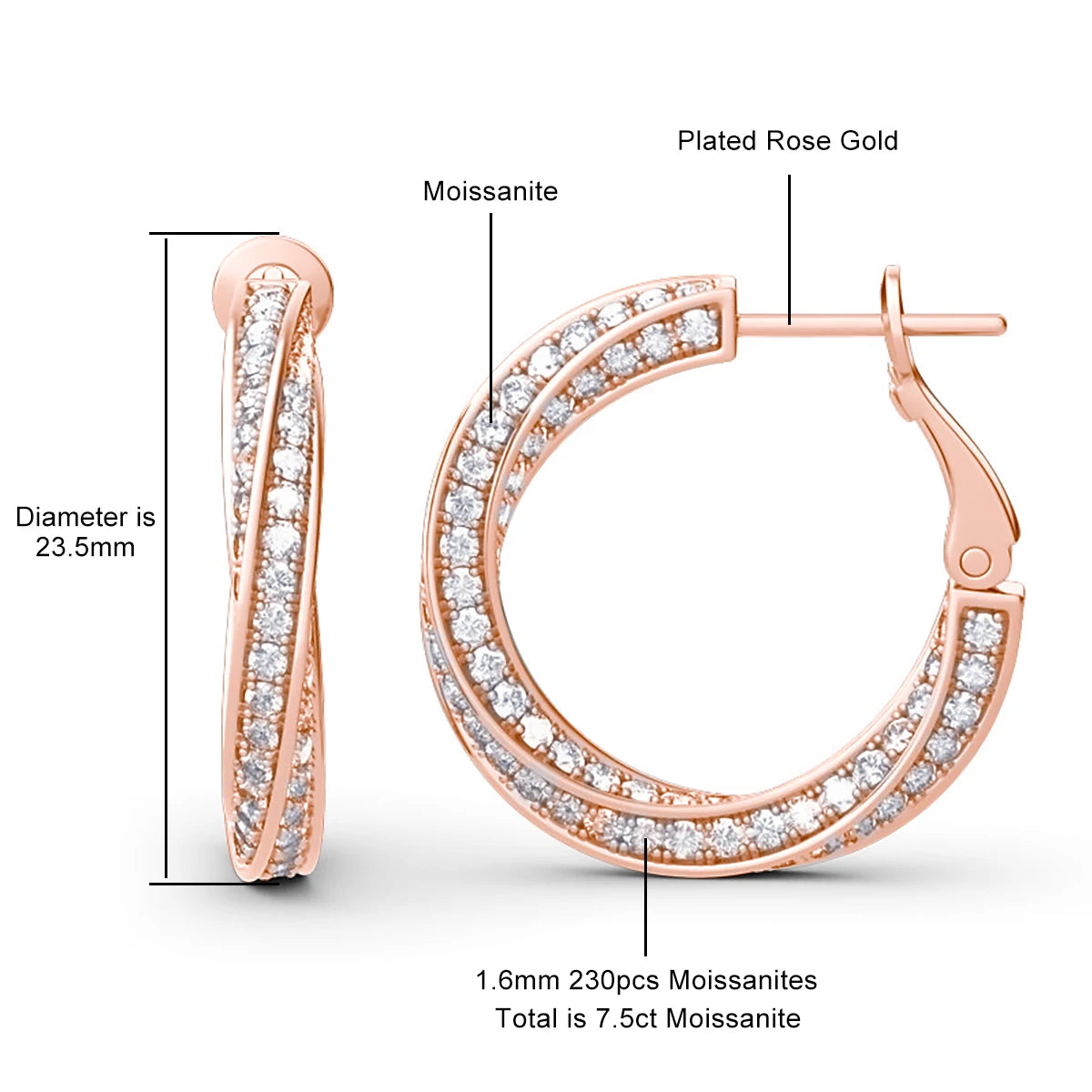 Damen-Hoop-Ohrringe mit Moissanitsteinen, 7,5 ct Gesamt, Silber 925 Roségold plattiert, Luxuriöser Glanz
