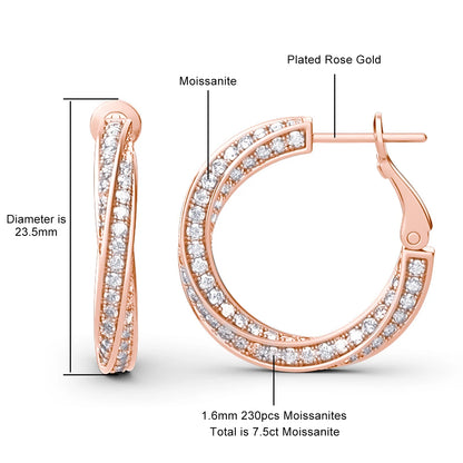 Damen-Hoop-Ohrringe mit Moissanitsteinen, 7,5 ct Gesamt, Silber 925 Roségold plattiert, Luxuriöser Glanz