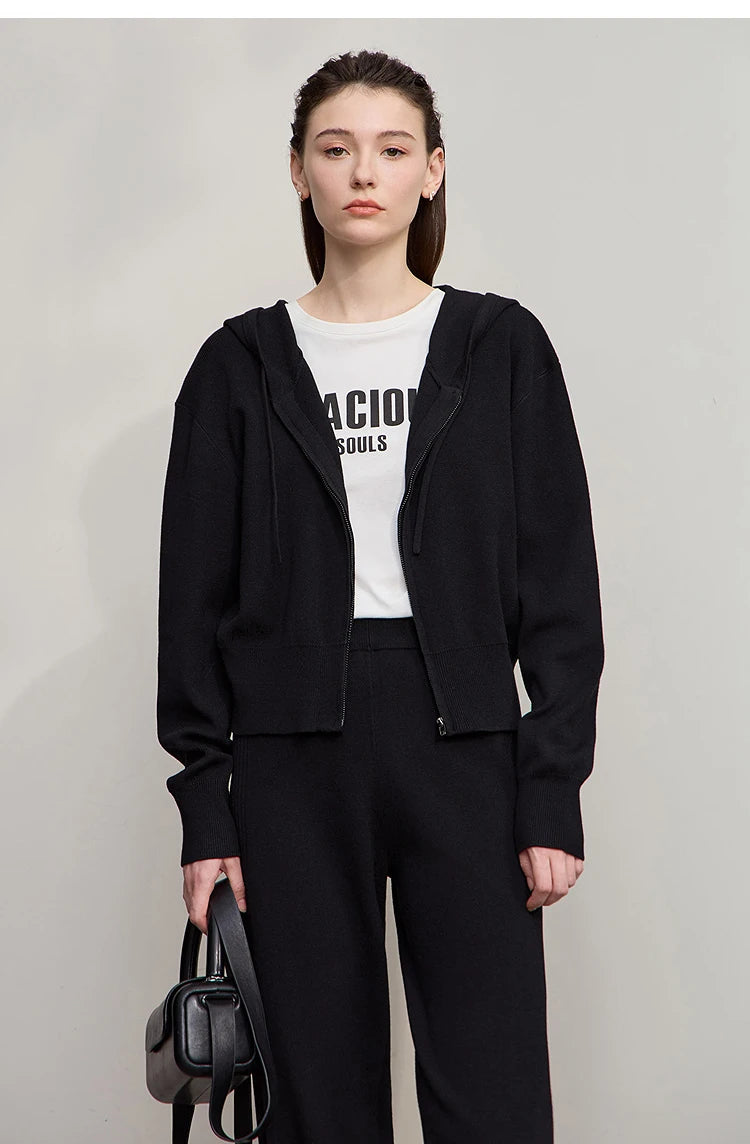 Damen-Strickjacke Kapuze Reißverschluss locker 2-teilig Set Herbst