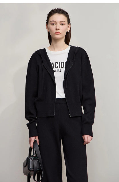 Damen-Strickjacke Kapuze Reißverschluss locker 2-teilig Set Herbst