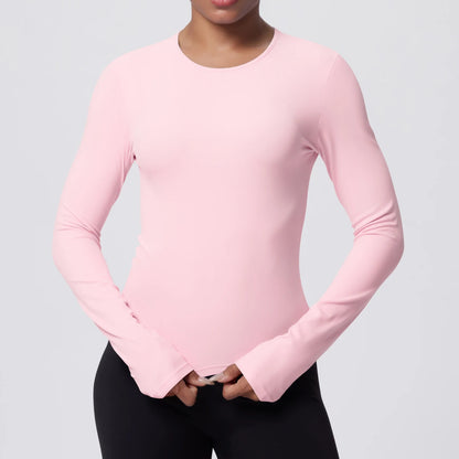Schlankes Langarmshirt in Rosérosa mit Rundhalsausschnitt