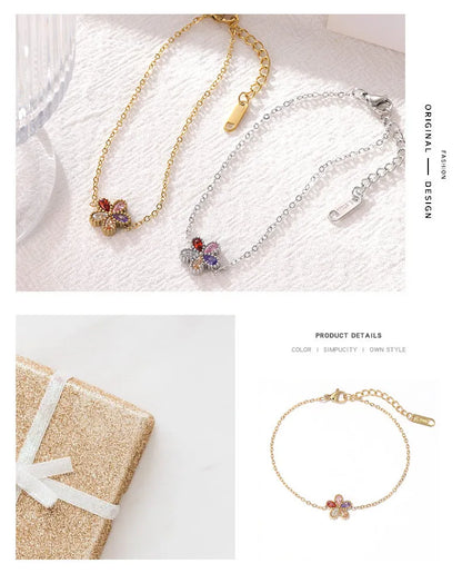 Damen-Armband mit bunten Zirkonia-Blumen aus Edelstahl