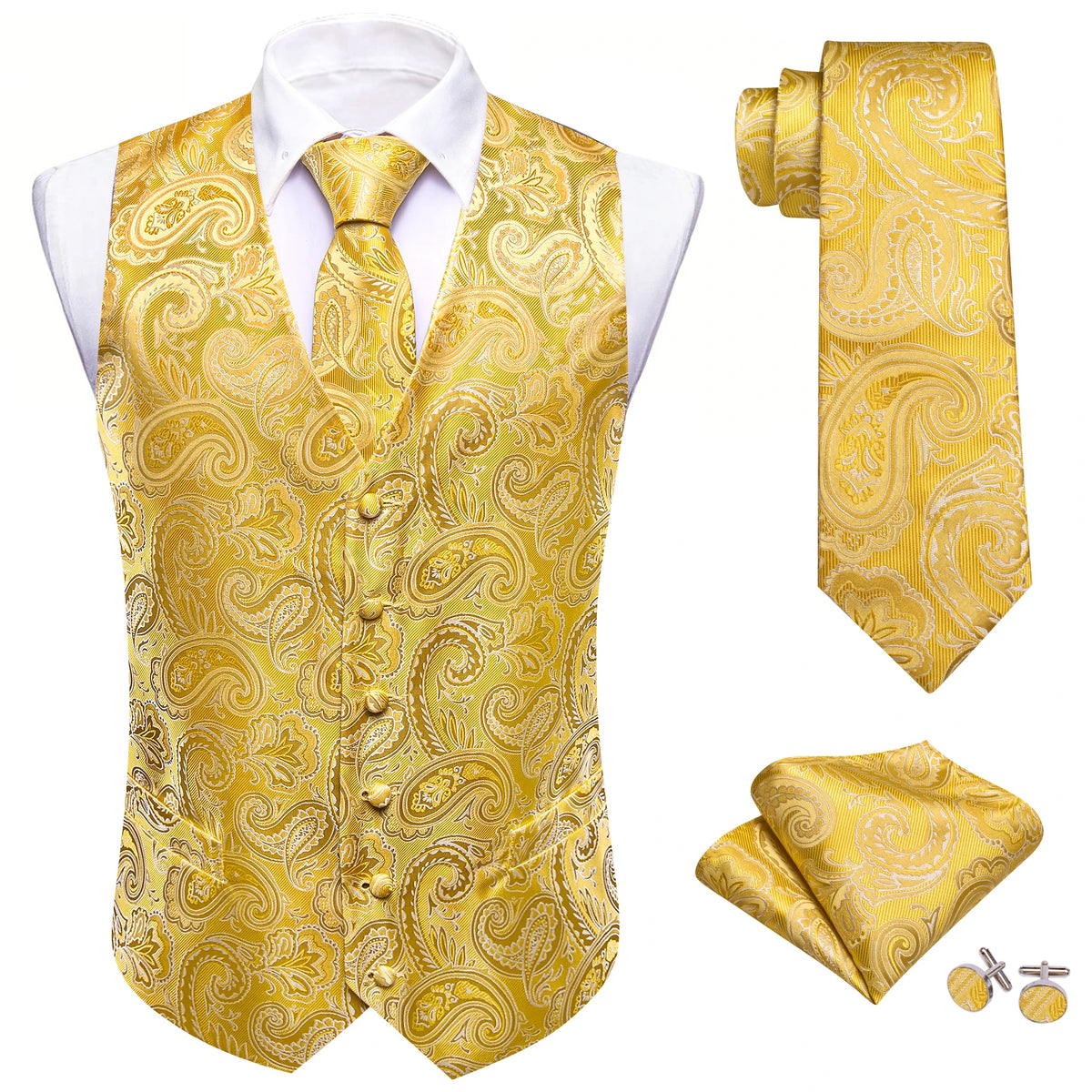 Gelb-goldene Herrenweste mit Paisley-Jacquard, Knopfleiste, passender Krawatte und Einstecktuch