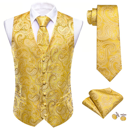 Gelb-goldene Herrenweste mit Paisley-Jacquard, Knopfleiste, passender Krawatte und Einstecktuch