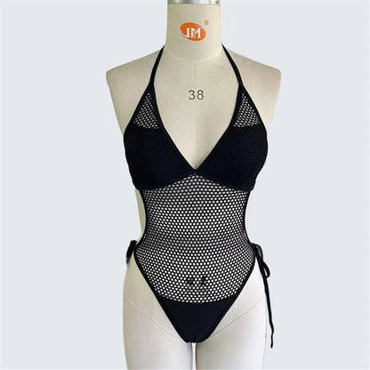 Damen-Badeanzug Fischnetz Mesh Neckholder rückenfrei gepolstert