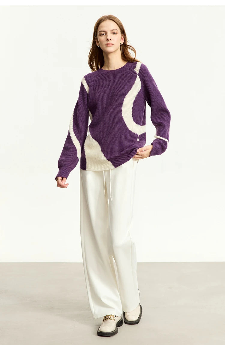 Damen-Rundhalspullover Wolle Yak asymmetrisch Patchwork locker Winter