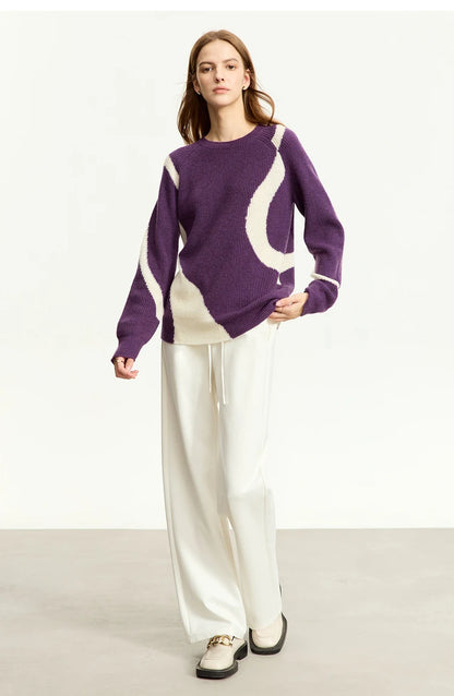 Damen-Rundhalspullover Wolle Yak asymmetrisch Patchwork locker Winter