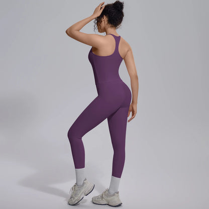 Damen-Yoga-Set aus Stretchstoff, lila, ärmellos mit Racerback und Leggings