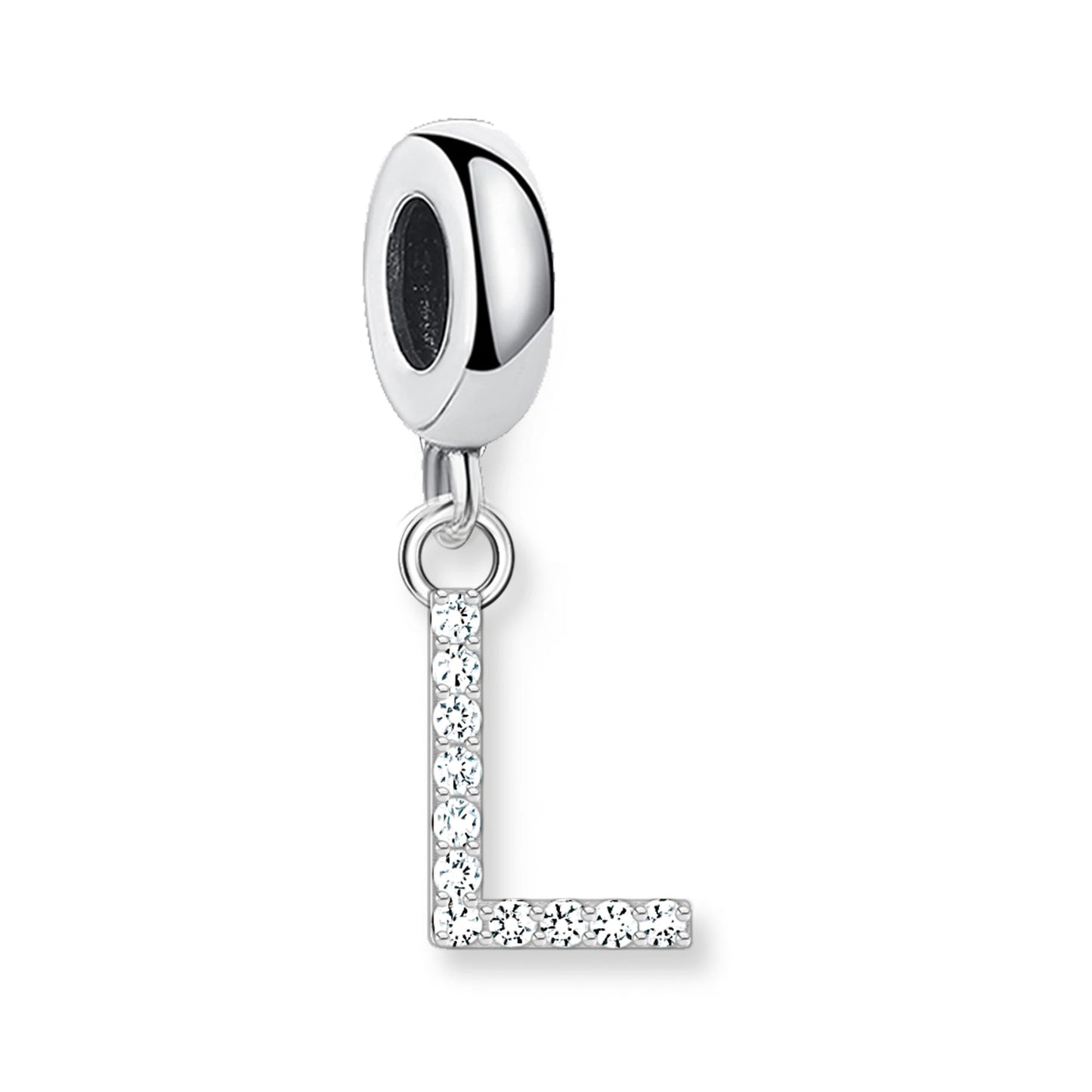 Baumelnder Buchstaben-Anhänger (L) aus 925er Sterling Silber mit weißem Steinbesatz