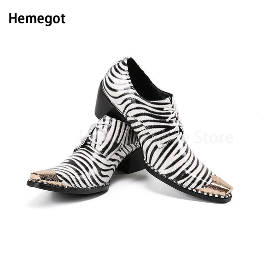 Zebra Stripes Lace-Up Brogue Shoes for Men Iron Toe High-Heeled High-End Men's High-Heeled Leather Shoes Banquet Dress Shoes