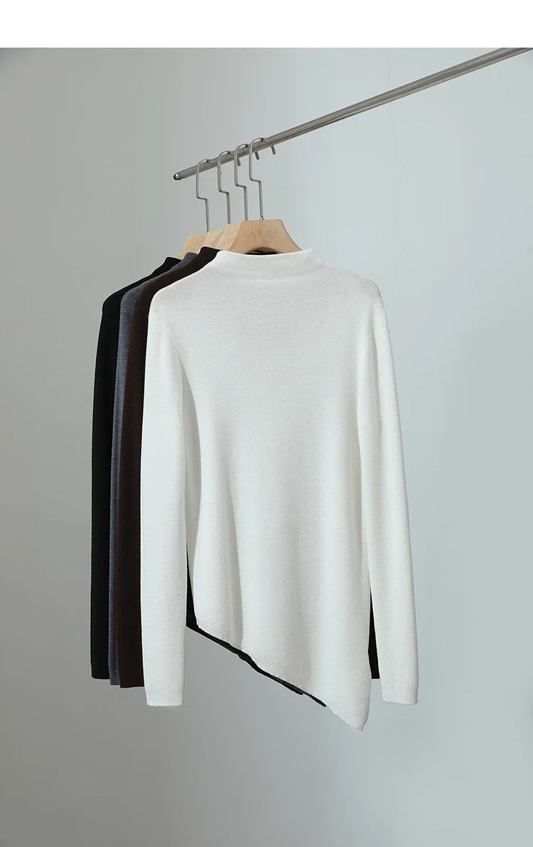 Damenpullover mit Halbrollkragen, weiß, Rückansicht, langarm, asymmetrischer Saum
