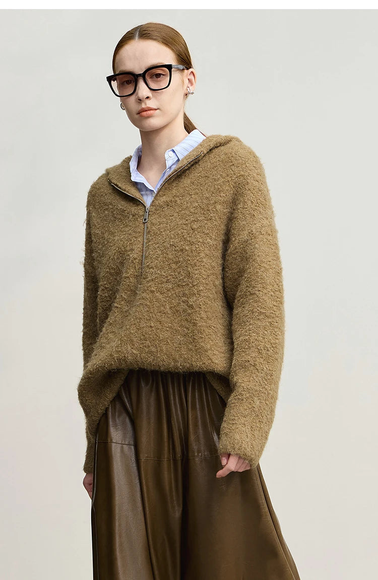Damen-Kapuzenpullover Wolle Reißverschluss locker dick warm Winter