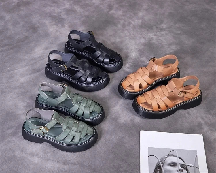 AIYUQI Sandalen Frauen Sommer 2025, Neue Echtes Leder Baotou Römischen Sandalen Damen Retro Hohl Gewebt Frauen Sandalen