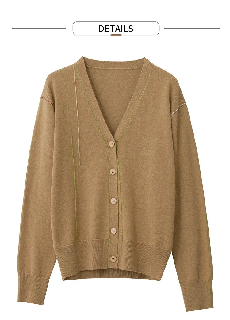 Damen-Strickjacke V-Ausschnitt Patchwork Raglan Wolle-Mix Herbst
