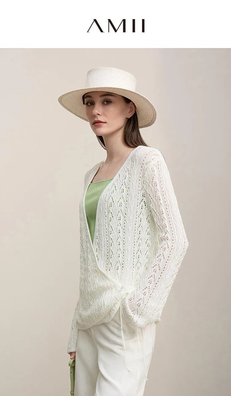 Damen-Strickjacke V-Ausschnitt Wolle Hohlstrick locker Langarm Frühling