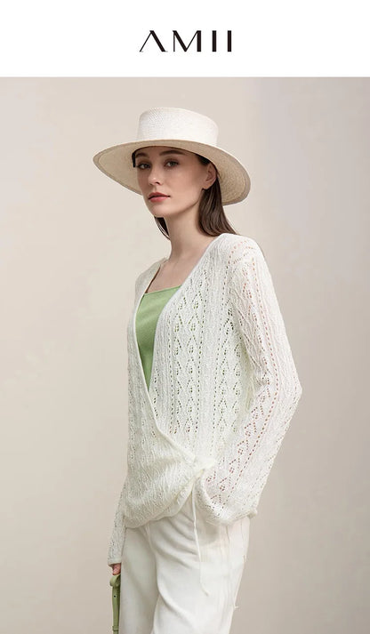 Damen-Strickjacke V-Ausschnitt Wolle Hohlstrick locker Langarm Frühling