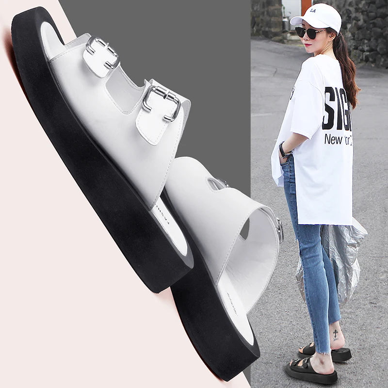 2025 frauen Hausschuhe Sommer Echtes Leder Rutschen Frauen Fashion Square taste Flache Sandalen Damen Outdoor Casual Flip-Flops
