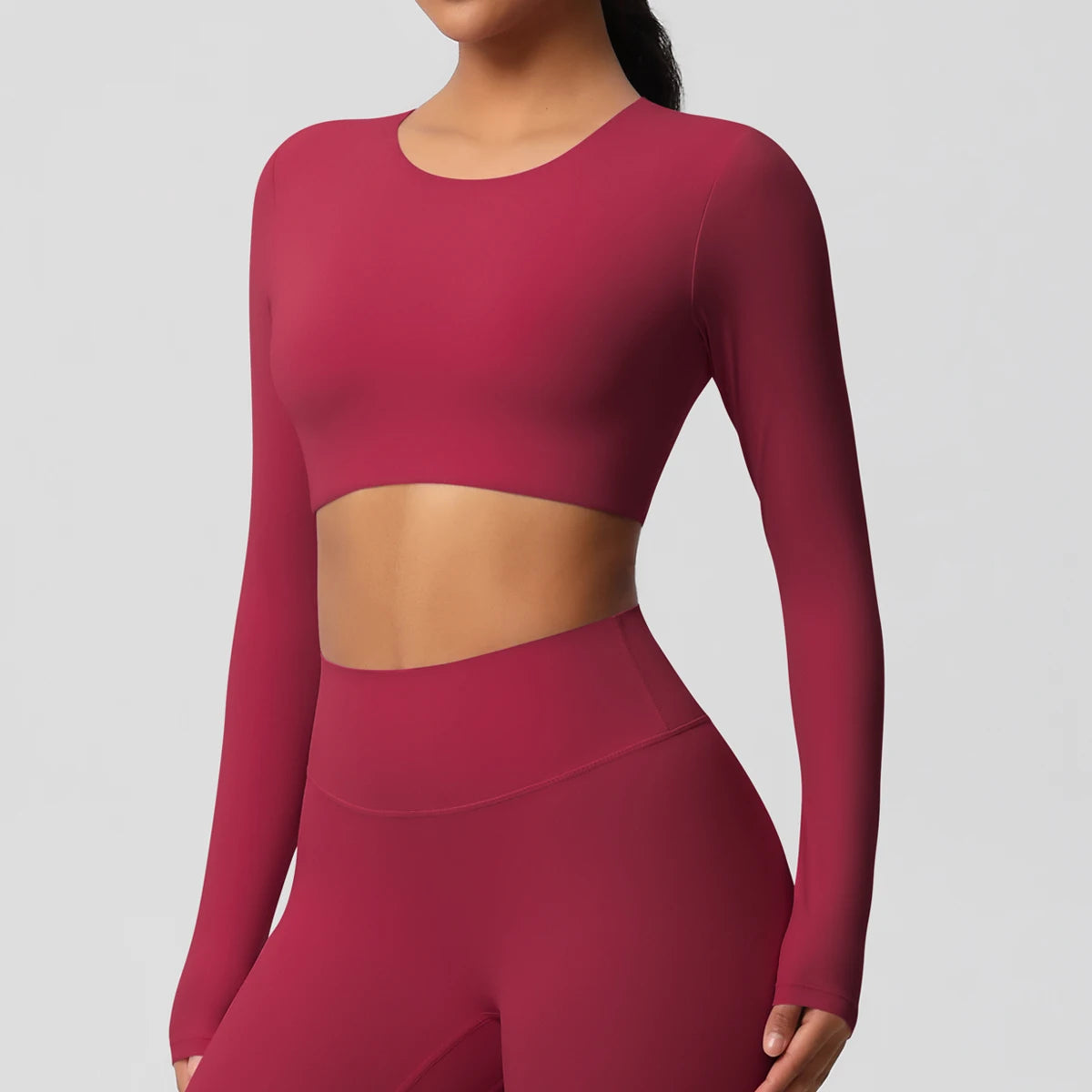 Sporttop für Damen, langarm, rundhalsausschnitt, weinrot, figurbetont