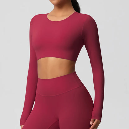 Sporttop für Damen, langarm, rundhalsausschnitt, weinrot, figurbetont