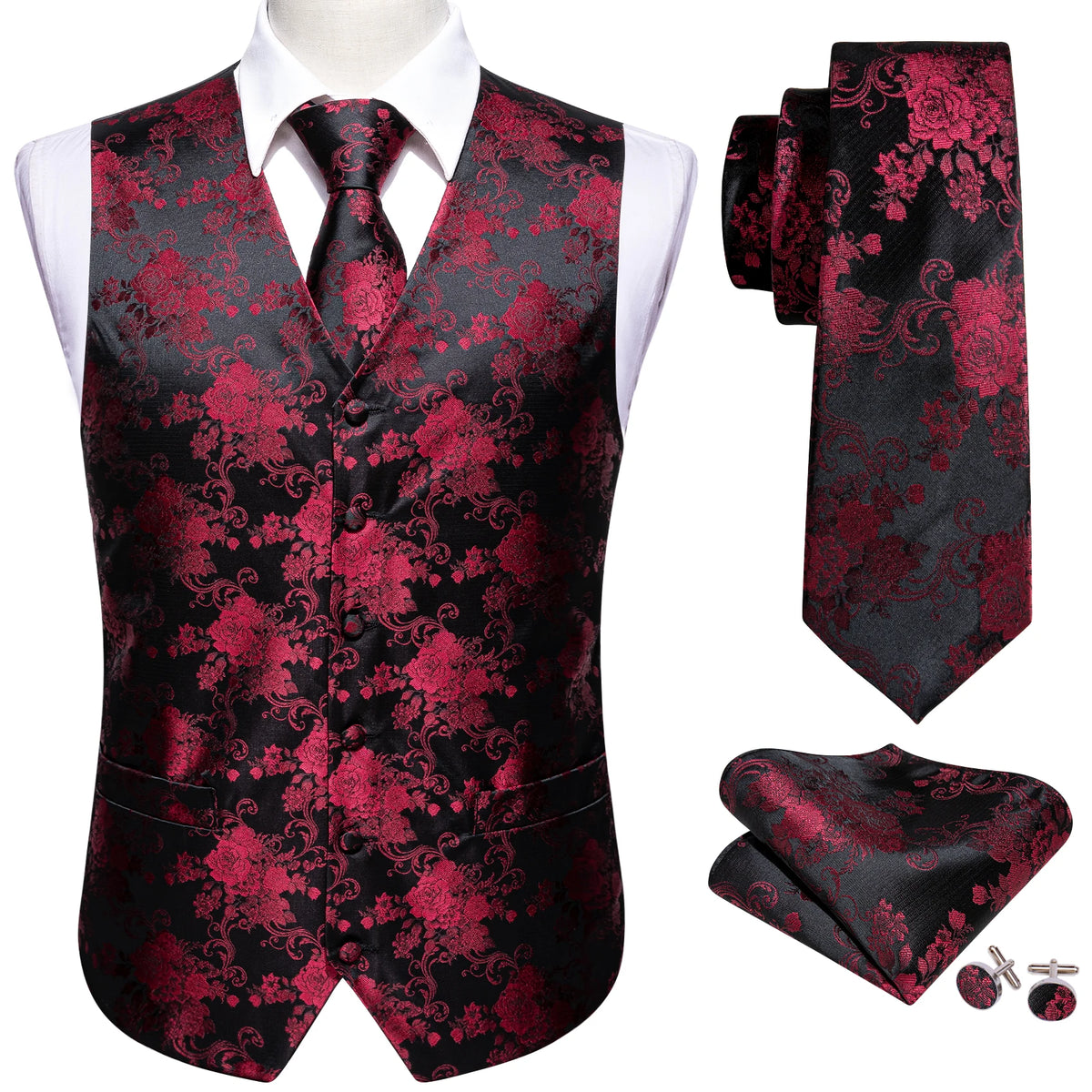 Seidenweste-Set für Herren: weinrote Weste mit Barockmuster, inkl. Krawatte & Einstecktuch.