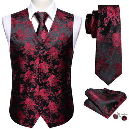 Seidenweste-Set für Herren: weinrote Weste mit Barockmuster, inkl. Krawatte & Einstecktuch.