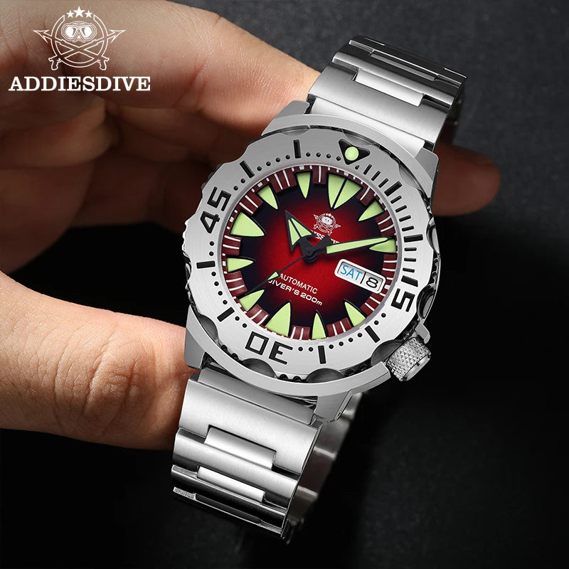 ADDIESDIVE AD2103 Men Monster Watch Luminous Sapphire Glass Blue Dial NH36 Diver 316L Stainless Steel Mechanical Watches