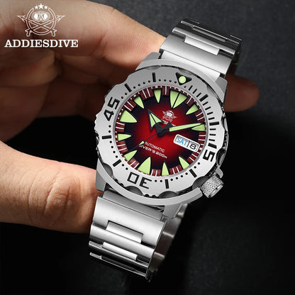ADDIESDIVE AD2103 Men Monster Watch Luminous Sapphire Glass Blue Dial NH36 Diver 316L Stainless Steel Mechanical Watches