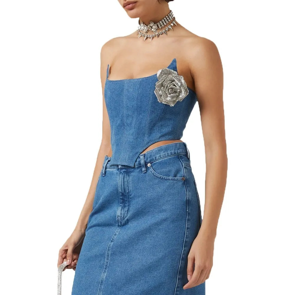 Asymmetrische Damen-Jeans mit hohem Bund und Colorblock-Design – modische Spliced-Denim-Hose für Frauen.