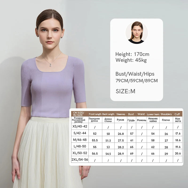 Lila Strickpullover mit geripptem Halbarm und eckigem französischem Ausschnitt