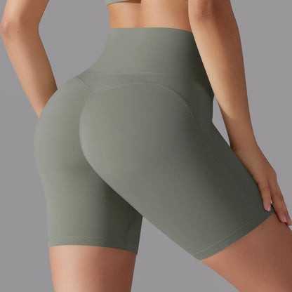 Yoga-Shorts mit hoher Taille, figurbetont, grünlich-grau (Sage), mittellang mit Gesäß-Naht