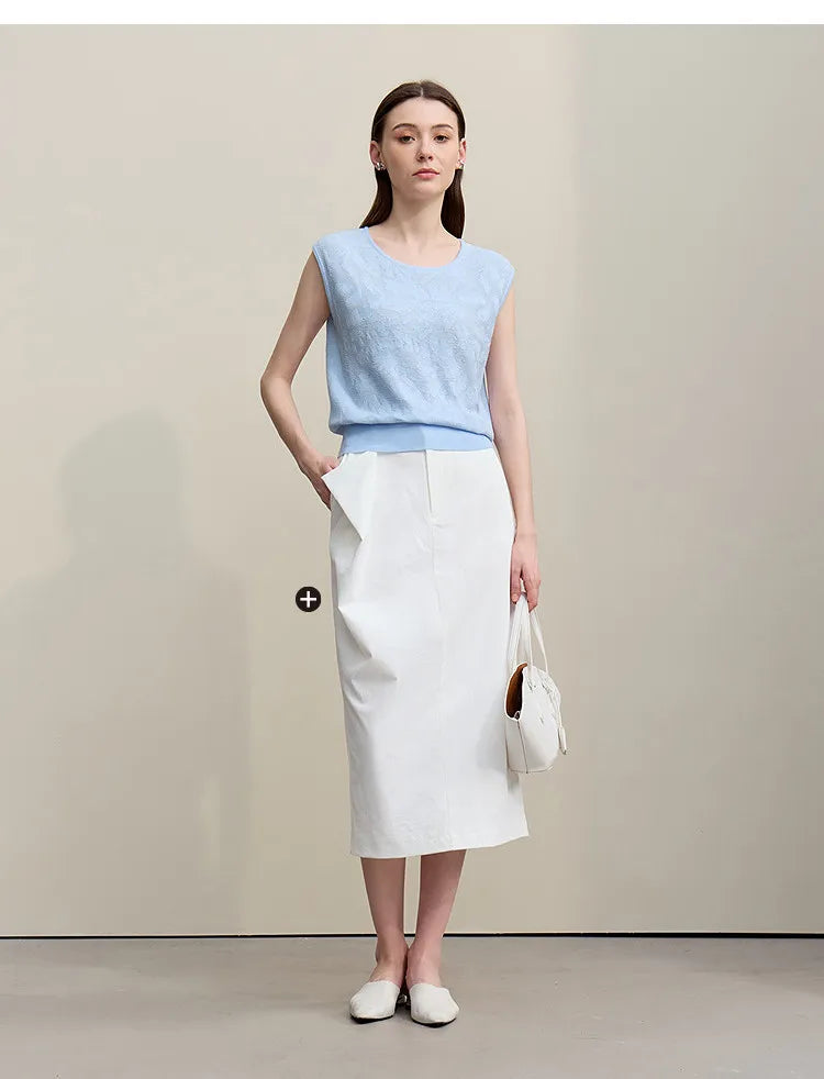 Damen-Rundhalspullover ärmellos Jacquard locker kurz Viskose Sommer