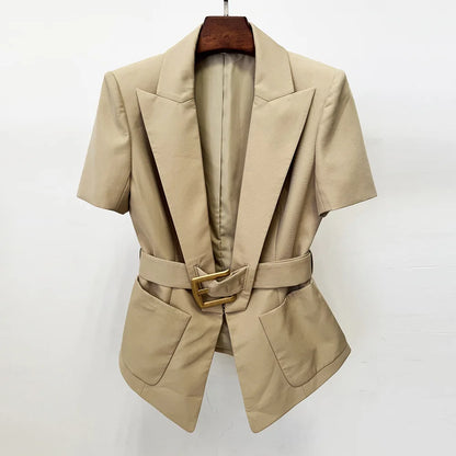Damen-Blazer Kurzarm Gürtel lässig V-Ausschnitt Einknopf