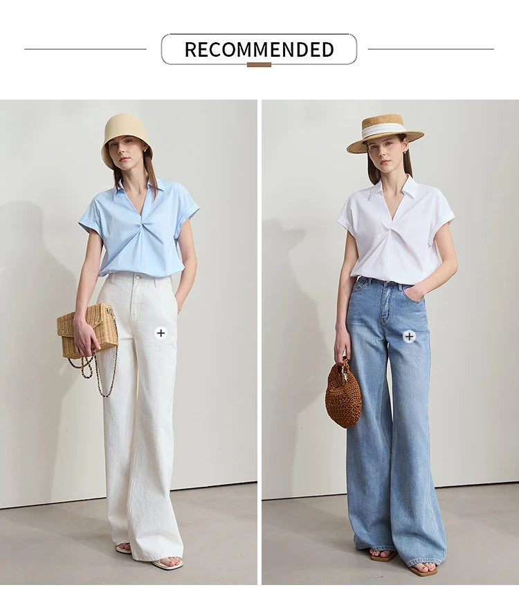 Damen Bluse im minimalistischen französischen Stil mit umlegekragen und gedrehten Falten