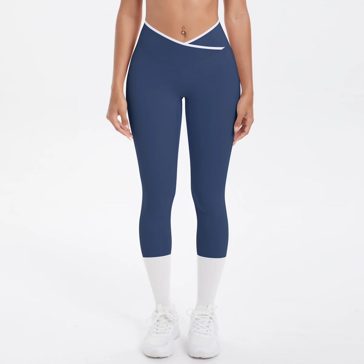 Damen-Yoga-Leggings, hohe Taille, dunkelblau, 3/4 Länge mit weißen Einsätzen