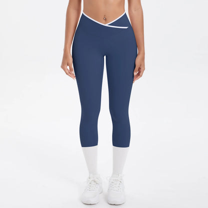 Damen-Yoga-Leggings, hohe Taille, dunkelblau, 3/4 Länge mit weißen Einsätzen