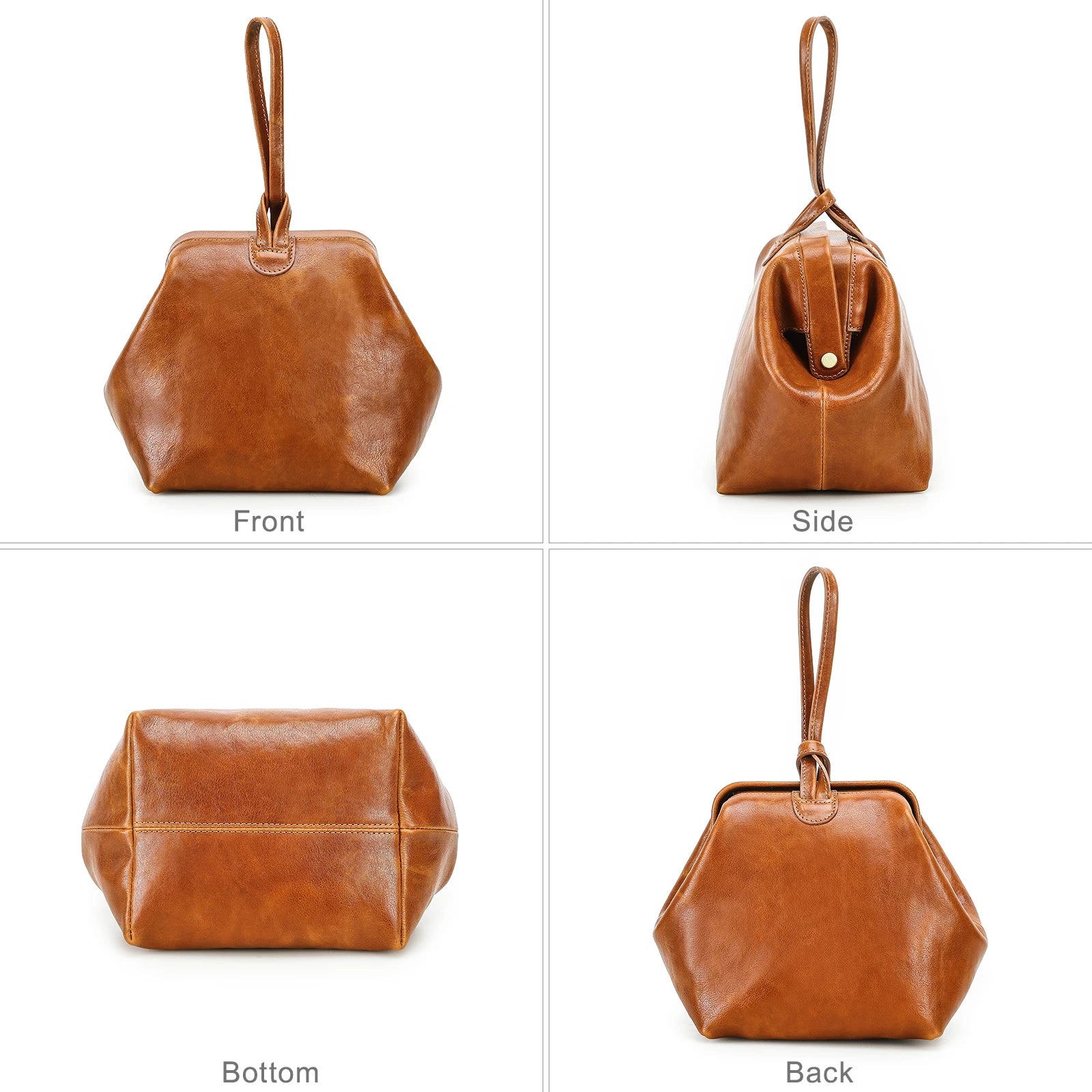 Kleine braune Ledertasche: Vorder-, Seiten-, Boden- und Rückansicht